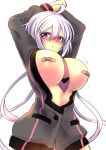  ahoge areolae arms_up bandaid bandaids_on_nipples between_breasts blush breasts commentary_request hair_between_eyes kouji_(kari) large_breasts long_hair looking_at_viewer lydian_academy_uniform necktie necktie_between_breasts open_clothes open_mouth open_shirt pasties purple_eyes purple_hair red_neckwear senki_zesshou_symphogear simple_background solo very_long_hair white_background yukine_chris 