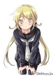  arm_support black_legwear black_serafuku blonde_hair cowboy_shot crescent crescent_moon_pin ebifurya highres kantai_collection leaning_forward long_hair looking_at_viewer low_twintails necktie pantyhose parted_lips satsuki_(kantai_collection) school_uniform serafuku simple_background solo twintails twitter_username white_background white_neckwear 