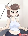  2018 alfa995 animated anthro black_nose blinking bouncing_breasts breasts brown_hair clothed clothing digital_media_(artwork) exercise eyelashes female hair jill_(alfa995) jump_rope jumping kangaroo mammal marsupial midriff navel open_mouth patreon shirt short_hair solo tank_top workout 