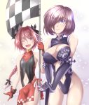  1boy 1girl androgynous astolfo_(fate) breasts checkered_flag cleavage crossdressing fang fate/grand_order fate_(series) gloves groin hair_over_one_eye highleg highleg_leotard highleg_swimsuit highres large_breasts leotard lolita_majin long_hair mash_kyrielight navel navel_cutout one_eye_closed open_mouth pink_eyes pink_hair purple_eyes race_queen short_hair single_braid smile thighhighs trap 