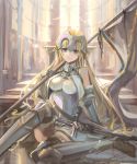  armor blonde_hair blue_eyes breasts chain collar commentary_request fate/grand_order fate_(series) gauntlets headpiece highres jeanne_d'arc_(fate)_(all) kito_(kito2) leg_armor leg_up long_hair looking_at_viewer medium_breasts parted_lips pennant sheath sheathed sitting skirt solo sunlight sword weapon window 