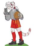  2018 anthro chairman_meow clothed clothing feline female fully_clothed mammal pinup ponytail pose soccer solo spinater sport tiger tongue tongue_out uniform white_tiger 