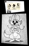 2017 ? alien antennae ask_blog clothed clothing digital_drawing_(artwork) digital_media_(artwork) dipstick_tail disney experiment_(species) grin gun handgun hands_together hi_res holding_object holding_weapon interlocked_fingers lilo_and_stitch looking_at_viewer lurry mammal mickey_mouse monochrome mouse multicolored_tail old_toon open_mouth open_smile pistol ranged_weapon rodent round_ears russian_text smile sparky_(lilo_and_stitch) standing text topless translation_request weapon white_gloves worried 