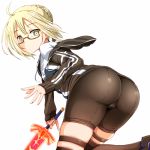  ahoge artoria_pendragon_(all) ass bike_shorts blonde_hair cameltoe commentary_request excalibur fate/grand_order fate_(series) glasses holding holding_sword holding_weapon hood hoodie mysterious_heroine_x_(alter) over-kneehighs pinky_out ponkotsu semi-rimless_eyewear short_hair skindentation solo sword thigh_strap thighhighs under-rim_eyewear weapon yellow_eyes 