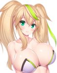  absurdres arms_at_sides asamura_hiori bangs bare_shoulders bikini blonde_hair breasts cleavage closed_mouth collarbone colored_eyelashes eyebrows_visible_through_hair fang fang_out gene_(pso2) green_eyes hair_between_eyes head_tilt highres large_breasts lips long_hair looking_at_viewer multicolored_hair phantasy_star phantasy_star_online_2 shiny shiny_skin sidelocks simple_background skindentation smile solo strapless strapless_bikini streaked_hair swimsuit twintails upper_body white_background white_bikini 