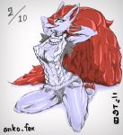  ankofox breasts clothing female mammal nintendo nipples nude open_mouth pok&eacute;mon pok&eacute;mon_(species) simple_background smile solo sweater video_games virgin_killer_sweater zoroark 