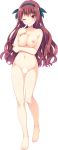  aranami_kyou arm_grab barefoot beads blush breasts censored collarbone eyebrows_visible_through_hair finger_to_mouth full_body fuyuichi_monme hair_beads hair_ornament hairband highres kari_gurashi_ren'ai large_breasts long_hair medium_breasts navel nipples non-web_source official_art one_eye_closed red_eyes red_hair smile solo standing transparent_background 