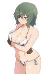  absurdres arms_under_breasts bare_arms bare_shoulders bikini blush breast_hold breasts brown_gloves cleavage closed_mouth collarbone cowboy_shot crossed_arms eyebrows_visible_through_hair eyepatch gloves green_eyes green_hair groin hair_between_eyes highres kantai_collection kiso_(kantai_collection) large_breasts looking_at_viewer navel nikonikosiro no_hat no_headwear one_eye_covered print_bikini ribbon shiny shiny_skin short_hair side-tie_bikini simple_background solo standing stomach swimsuit thighs tsurime v-shaped_eyebrows white_background white_bikini white_ribbon 