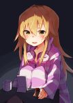  blonde_hair blush cat_ear_headphones hair_between_eyes headphones headphones_around_neck ienaga_mugi long_hair nijisanji pillow rimukoro sitting solo yellow_eyes zipper 