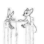  2018 alternate_species anthro barefoot black_and_white buckteeth canine clothed clothing dipstick_ears disney eating female fox hybrid judy_hopps lagomorph male mammal monochrome mouse nick_wilde rabbit replytoanons rodent simple_background sitting smile table teeth white_background zootopia 