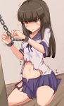  bdsm blue_legwear blue_neckwear blue_ribbon blue_sailor_collar blue_serafuku blue_skirt blush bondage bound breasts brown_eyes brown_hair bruise chain collarbone commentary_request cuffs dutch_angle embarrassed eyebrows_visible_through_hair full_body hands_up hatsuyuki_(kantai_collection) have_to_pee highres indoors injury kantai_collection kneeling looking_up muroi_(fujisan0410) navel neck_ribbon pleated_skirt ribbon sailor_collar school_uniform seiza serafuku shackles shirt short_sleeves sitting skirt small_breasts socks solo sweat text_focus torn_clothes torn_shirt torn_skirt translation_request trembling uniform white_shirt 