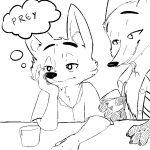  2018 alcohol anthro arm_support beverage black_and_white canine cheek_tuft chest_tuft clothed clothing cup disney duo english_text fox half-closed_eyes holding_cup holding_object leaning_on_elbow male mammal monochrome nick_wilde replytoanons simple_background text thought_bubble tuft white_background zootopia 