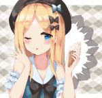  ;p abigail_williams_(fate/grand_order) bangs bare_shoulders beret black_bow black_hat blonde_hair blue_bow blue_eyes blue_shirt blush bow collarbone commentary_request eyebrows_visible_through_hair fate/grand_order fate_(series) food food_on_face hands_up hat highres holding holding_food ice_cream ice_cream_cone ice_cream_on_face long_hair looking_at_viewer mola_mola one_eye_closed parted_bangs plaid plaid_background shirt sleeveless sleeveless_shirt solo tongue tongue_out white_bow 