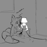  2018 anthro bed canine cellphone clothed clothing dialogue disney english_text female fox greyscale holding_object holding_phone inside lamp mammal monochrome on_bed phone replytoanons sitting skye_(zootopia) solo text under_covers zootopia 