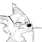  2018 anthro black_and_white canine cheek_tuft clothed clothing disney ear_tuft eyewear female fox glasses half-closed_eyes inner_ear_fluff mammal monitor monochrome mrs_wilde replytoanons simple_background solo tuft white_background zootopia 