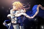  armor armored_dress artoria_pendragon_(all) blonde_hair blue_cape breastplate cape clenched_hand commentary_request fate/grand_order fate_(series) from_side fur_trim gauntlets gloves green_eyes partial_commentary saber solo tenobe 