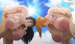  2boys 2girls areolae ass black_hair blush breasts brown_eyes censored curvy huge_ass huge_breasts large_areolae large_penis long_hair multiple_boys multiple_girls nami_(one_piece) nico_robin nipples one_piece open_mouth orange_hair penis rtenzo wide_hips 