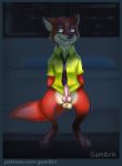  animal_genitalia animal_penis anthro bed bedroom_eyes bottomless canine canine_penis clothed clothing disney erection fox fur gamibri green_eyes half-closed_eyes happy knot looking_at_viewer male mammal nick_wilde penis seductive simple_background smile tongue tongue_out zootopia 