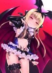  arm_up bangs bat_wings between_breasts black_bow black_hairband black_panties black_skirt black_wings blonde_hair blood blood_on_face bloody_hands blue_ribbon blue_skirt blunt_bangs blush bow breasts bridal_gauntlets brown_legwear closed_mouth collar commentary_request corruption covered_nipples demon_girl eyebrows_visible_through_hair fingernails frilled_skirt frills from_below garters glint hair_bow hairband half-closed_eyes head_tilt highres juliet_sleeves latex long_fingernails long_hair long_sleeves looking_at_viewer microskirt mononobe_alice nail_polish navel nijisanji o-ring o-ring_top panties puffy_sleeves purple_nails raised_eyebrows red_eyes red_sky red_wings ribbon ribbon_panties satou_kuuki seductive_smile shiny shiny_clothes shiny_hair shiny_skin side-tie_panties sidelocks single_thighhigh skirt sky slit_pupils small_breasts smile solo standing stomach straight_hair succubus thighhighs underwear virtual_youtuber wing_collar wings 
