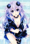  :p absurdres adult_neptune blue_background blush breasts cleavage collar collarbone d-pad d-pad_hair_ornament food hair_ornament heart highres hood hooded_track_jacket jacket long_hair looking_at_viewer medium_breasts neptune_(series) non-web_source official_art pudding purple_eyes purple_hair scan shin_jigen_game_neptune_vii sitting solo star striped striped_background tongue tongue_out track_jacket tsunako very_long_hair 