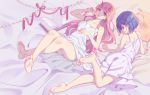  5plus ass bare_arms bare_legs bare_shoulders barefoot bed_sheet blue_hair book candy collarbone commentary crossed_legs darling_in_the_franxx eyebrows_visible_through_hair feet food green_eyes hair_ornament hairclip highres horns ichigo_(darling_in_the_franxx) legs lollipop long_hair looking_at_viewer lying multiple_girls on_back on_stomach open_mouth pillow pink_hair ribbon short_hair sleepwear soles zero_two_(darling_in_the_franxx) 