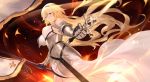  armor armored_dress bare_shoulders blonde_hair breasts chain commentary_request dual_wielding fate/apocrypha fate/grand_order fate_(series) faulds flag flowing_dress gauntlets gloves glowing glowing_sword glowing_weapon headpiece highres holding holding_flag holding_sword holding_weapon jeanne_d'arc_(fate) jeanne_d'arc_(fate)_(all) large_breasts long_hair plackart purple_eyes scabbard sheath standard_bearer sword unsheathed very_long_hair weapon yijian_ma 