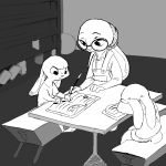  2018 anthro barefoot bench book clothed clothing cub dipstick_ears disney eyewear female glasses greyscale group holding_object inside judy_hopps lagomorph mammal monochrome overalls pen rabbit reading replytoanons sitting sleeping table tied_ears young zootopia 