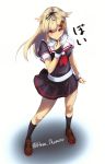  arm_at_side bangs black_legwear black_ribbon black_serafuku blonde_hair blush brown_footwear check_commentary commentary_request eyebrows_visible_through_hair floating_hair from_above gloves gradient_hair hair_between_eyes hair_flaps hair_ornament hair_ribbon hairclip hara_shoutarou highres kantai_collection kneehighs loafers long_hair looking_at_viewer messy_hair multicolored_hair neckerchief open_mouth pleated_skirt poi red_eyes red_neckwear remodel_(kantai_collection) ribbon scarf scarf_pull school_uniform serafuku shoes short_sleeves skirt sleeves_folded_up smile solo standing twitter_username very_long_hair wind wind_lift yuudachi_(kantai_collection) 