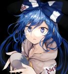 black_background blue_bow blue_eyes blue_hair bow commentary_request cup debt eyebrows_visible_through_hair grey_hoodie hair_bow holding holding_cup kasuka_(kusuki) long_hair looking_at_viewer parted_lips simple_background solo touhou upper_body yorigami_shion 