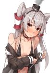  amatsukaze_(kantai_collection) bangs bare_shoulders bikini black_bikini black_choker black_hairband black_shirt blush breasts brown_eyes choker closed_mouth collarbone commentary_request embarrassed eyebrows_visible_through_hair frown hair_tubes hairband highres kantai_collection long_hair long_sleeves looking_at_viewer navel nose_blush off_shoulder open_clothes open_shirt shirt silver_hair simple_background sleeves_past_wrists small_breasts smoke solo swimsuit takanashi_kei_(hitsujikan) two_side_up upper_body very_long_hair white_background windsock 