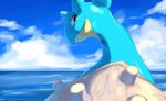  2018 ambiguous_gender detailed_background feral first_person_view lapras looking_at_viewer looking_back mako_mickt marine nintendo outside pok&eacute;mon pok&eacute;mon_(species) restricted_palette sea sky solo video_games water 
