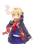  absurdres ahoge artoria_pendragon_(all) bangs black-framed_eyewear black_bow black_jacket blonde_hair blue_shirt blue_skirt bow braid closed_mouth drawstring eighth_note eyebrows_visible_through_hair fate/grand_order fate_(series) glasses hair_between_eyes hair_bow hair_bun hand_up highres hood hood_down hooded_jacket jacket long_sleeves midriff musical_note mysterious_heroine_x_(alter) navel open_clothes open_jacket plaid plaid_scarf pleated_skirt red_scarf scarf shirt skirt sleeves_past_wrists smile solo white_background yellow_eyes yukaa 