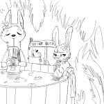  2018 anthro apple banana beverage black_and_white canine disney drinking duo english_text eyes_closed facial_markings female flower flower_necklace food fox fruit fur_markings half-closed_eyes holding_object hot_tub jack_savage lagomorph lei looking_at_viewer male mammal markings monochrome nude partially_submerged plant rabbit replytoanons scar sign skye_(zootopia) straw text towel tree water zootopia 