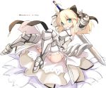  ahoge armor armored_dress artoria_pendragon_(all) blonde_hair caliburn commentary_request detached_sleeves fate_(series) faulds gauntlets green_eyes karukan_(monjya) looking_at_viewer panties pantyshot ponytail saber_lily solo sword underwear weapon 