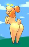  2018 animal_crossing anthro big_butt boiful breasts butt canine digital_media_(artwork) female fur hair halo isabelle_(animal_crossing) mammal nintendo open_mouth solo video_games yellow_fur 