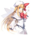  blonde_hair blue_eyes bow bowtie capelet eyebrows_visible_through_hair fairy_wings flower from_side hat hat_bow holding holding_flower kasuka_(kusuki) lily_white long_hair long_sleeves open_mouth red_bow red_neckwear sidelocks simple_background skirt skirt_set smile solo touhou white_background white_capelet white_hat white_skirt wings 
