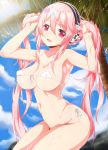  bikini blush breasts cleavage commentary headphones highres large_breasts long_hair looking_at_viewer micro_bikini navel necktie nitroplus open_mouth pink_eyes pink_hair ripe.c smile solo super_sonico swimsuit twintails white_bikini 