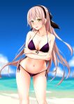  ass_visible_through_thighs bangs bare_arms bare_shoulders beach bikini black_hairband black_ribbon blurry blurry_background breasts cleavage cloud collarbone crossed_arms day eiyuu_densetsu elie_macdowell front-tie_bikini front-tie_top groin hair_ribbon hairband halter_top halterneck horizon large_breasts legs_apart long_hair looking_at_viewer mizuno_asami ocean open_mouth pink_hair purple_bikini purple_ribbon ribbon side-tie_bikini solo standing strapless sweat swimsuit very_long_hair water yellow_eyes zero_no_kiseki 