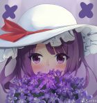  artist_name bangs blush bow commentary copyright_request covered_mouth eyebrows_visible_through_hair flower hair_bow hat highres long_hair looking_at_viewer purple_background purple_eyes purple_flower purple_hair red_bow seero signature simple_background solo white_hat 