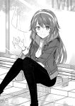  alternate_costume ashigara_(kantai_collection) bad_id bad_pixiv_id blush commentary greyscale hairband hand_wave highres kantai_collection long_hair looking_at_viewer monochrome ototsu_kei pants sitting smile solo 