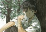  bangs black_eyes black_hair black_pants branch collared_shirt commentary_request earphones hand_on_own_shoulder ikari_shinji in_tree leaf looking_to_the_side male_focus mc neon_genesis_evangelion official_style pants parted_bangs parted_lips shirt short_hair sitting sitting_in_tree solo tree white_shirt 