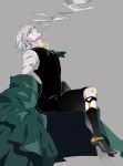  ascot black_footwear black_legwear black_vest cigarette coat collared_shirt commentary_request crossed_legs edmond_dantes_(fate/grand_order) fate/grand_order fate_(series) from_side full_body green_coat green_neckwear grey_background highres invisible_chair male_focus mouth_hold off_shoulder partial_commentary shirt shoes silver_hair simple_background sitting smoke smoking socks solo tenobe vest white_shirt wing_collar yellow_eyes 