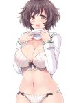  :d akiyama_yukari blush bow bow_bra bow_panties bra breasts brown_eyes brown_hair cleavage commentary_request cowboy_shot girls_und_panzer hasu_(hk_works) large_breasts lifted_by_self looking_at_viewer navel no_pants ooarai_school_uniform open_mouth panties school_uniform shirt_lift short_hair simple_background smile solo sweat underwear white_background white_bra white_panties 