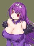  asamura_hiori bangs bare_shoulders breasts cleavage closed_mouth commentary_request detached_sleeves dress eyebrows_visible_through_hair fate/grand_order fate_(series) fur_trim headpiece highres jewelry large_breasts long_hair looking_at_viewer necklace purple_dress purple_hair red_eyes scathach_(fate)_(all) scathach_skadi_(fate/grand_order) simple_background solo tiara upper_body 