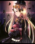  abigail_williams_(fate/grand_order) bangs black_bow black_dress black_hat blonde_hair blue_eyes bow bug butterfly closed_mouth commentary_request dress fate/grand_order fate_(series) forehead hair_bow hat highres hizagawa_rau insect long_hair long_sleeves looking_at_viewer looking_to_the_side object_hug orange_bow parted_bangs polka_dot polka_dot_bow profile sleeves_past_fingers sleeves_past_wrists solo stuffed_animal stuffed_toy teddy_bear tentacles very_long_hair 