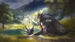  2017 averrisvis brown_hair claws day detailed_background digital_media_(artwork) dragon feathered_dragon feathered_wings feathers feral fur furred_dragon grass hair horn outside purple_fur riava_(riavacornelia) solo wings 