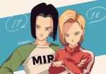  1boy 1girl android_17 android_18 black_hair blonde_hair blue_background blue_eyes brother_and_sister character_name commentary_request crossed_arms dragon_ball dragon_ball_super dragonball_z earrings eyelashes fingernails green_shirt gym_uniform jewelry long_sleeves looking_at_viewer shaded_face shirt short_hair siblings simple_background smile standing tama_azusa_hatsu turtleneck twitter_username white_background white_shirt 