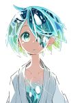  ahoge androgynous aqua_hair broken gradient_hair green_eyes green_hair houseki_no_kuni japanese_clothes looking_at_viewer missing_eye multicolored_hair one-eyed phosphophyllite short_hair solo sparkle sunameri_oishii white_background 