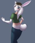  2018 anthro blue_eyes breasts buckteeth butt clothing female grey_background hair lagomorph long_hair mammal pants rabbit shirt simple_background solo standing teeth tomek1000 transformation 