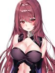  artist_name bare_shoulders black_gloves blush breasts chungu cleavage cleavage_cutout collar cosplay elbow_gloves fate/grand_order fate_(series) gloves highres large_breasts lips long_hair looking_at_viewer mash_kyrielight mash_kyrielight_(cosplay) navel_cutout purple_hair red_eyes scathach_(fate)_(all) scathach_(fate/grand_order) shiny shiny_skin solo transparent_background upper_body very_long_hair 